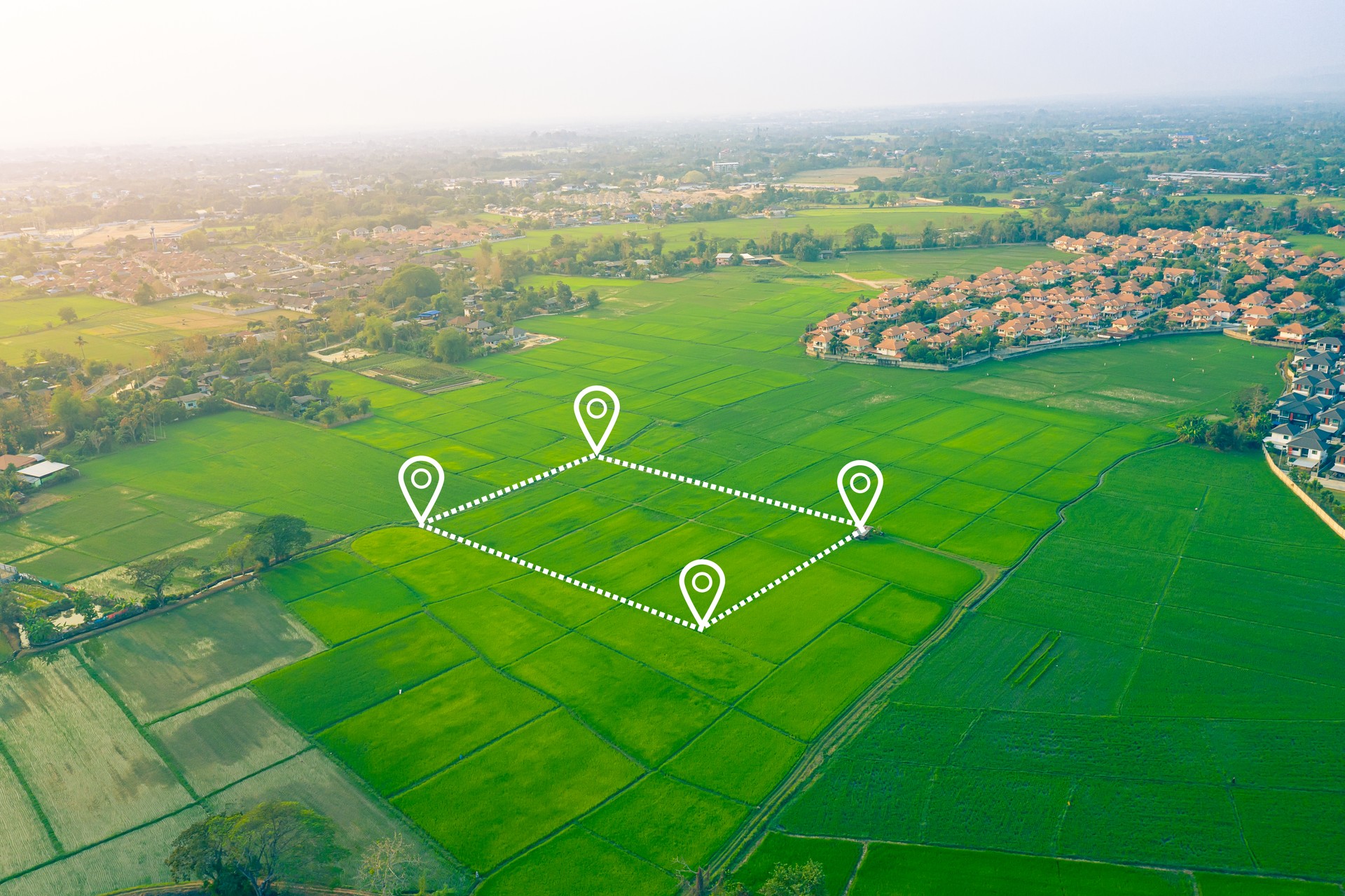 Aerial view of land and positioning point area.